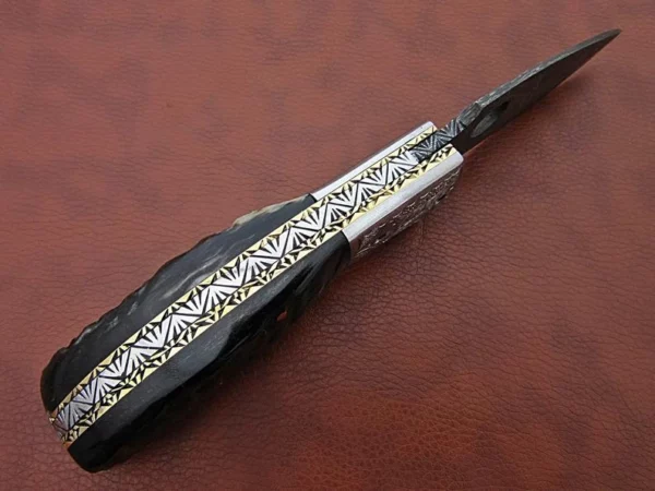 Custom Hand Made Damascus Steel Pocket Knife With Beautiful Ram Horn Handle FK 1 5