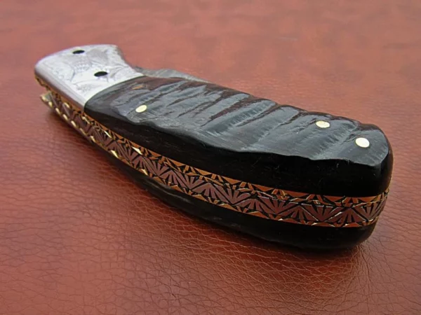 Custom Hand Made Damascus Steel Pocket Knife With Beautiful Ram Horn Handle FK 1 7