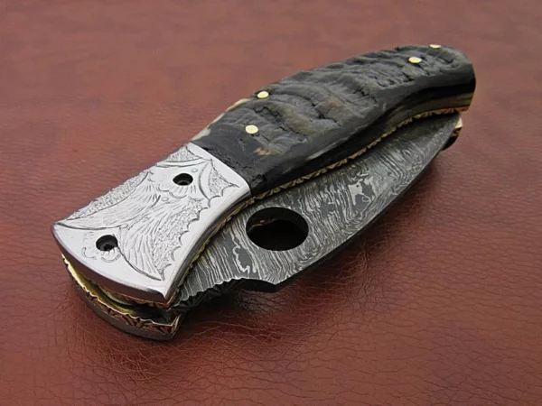Custom Hand Made Damascus Steel Pocket Knife With Beautiful Ram Horn Handle FK 1 8