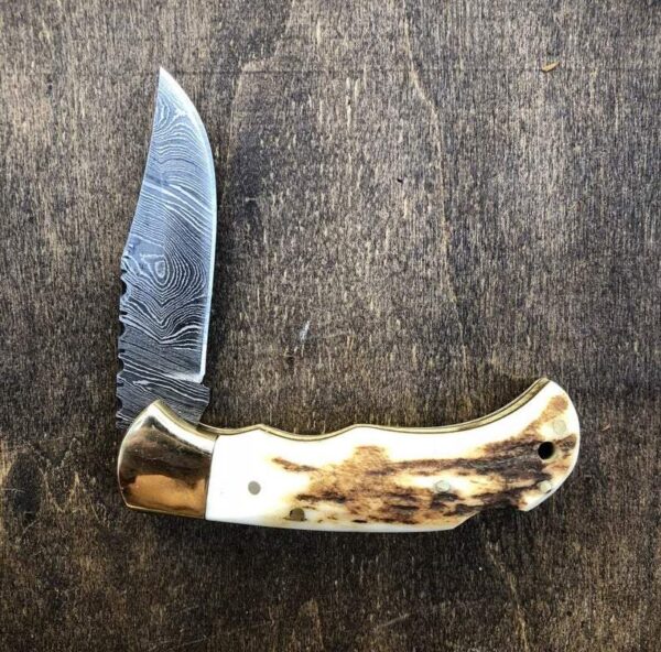 Custom Hand Made Damascus Steel Pocket Knife With Stag Antler Handle Fk 41 3