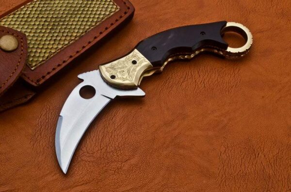 Custom Hand Made Damascus Steel Pocket Style Karambit Knife with Horn Handle Fk 45 1