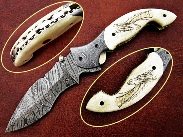 Custom Hand Made Damascus Steel Pocket knife With Dragon Etching on Camel Bone Handle Fk 59 1