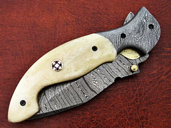 Custom Hand Made Damascus Steel Pocket knife With Dragon Etching on Camel Bone Handle Fk 59 10
