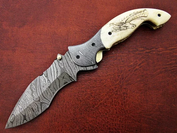 Custom Hand Made Damascus Steel Pocket knife With Dragon Etching on Camel Bone Handle Fk 59 2
