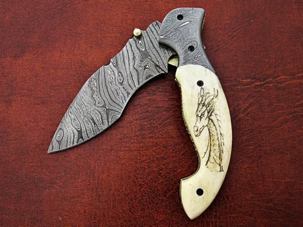 Custom Hand Made Damascus Steel Pocket knife With Dragon Etching on Camel Bone Handle Fk 59 3