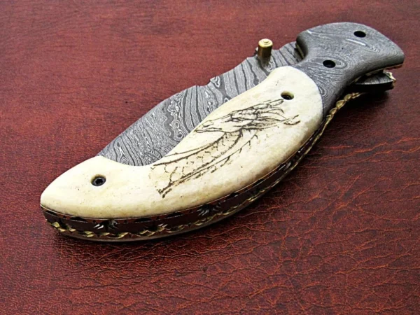 Custom Hand Made Damascus Steel Pocket knife With Dragon Etching on Camel Bone Handle Fk 59 4