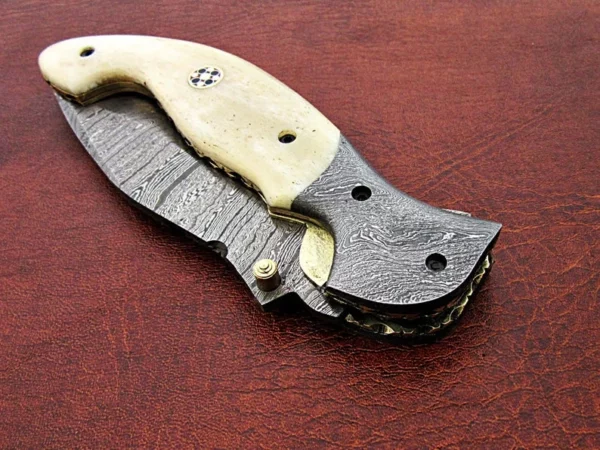 Custom Hand Made Damascus Steel Pocket knife With Dragon Etching on Camel Bone Handle Fk 59 5