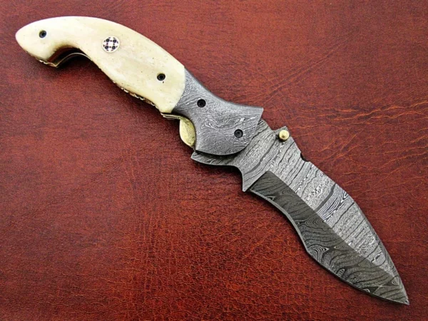 Custom Hand Made Damascus Steel Pocket knife With Dragon Etching on Camel Bone Handle Fk 59 6