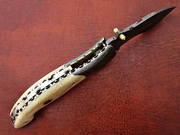 Custom Hand Made Damascus Steel Pocket knife With Dragon Etching on Camel Bone Handle Fk 59 7