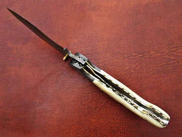 Custom Hand Made Damascus Steel Pocket knife With Dragon Etching on Camel Bone Handle Fk 59 8