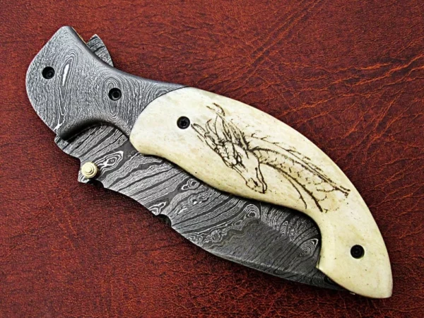 Custom Hand Made Damascus Steel Pocket knife With Dragon Etching on Camel Bone Handle Fk 59 9