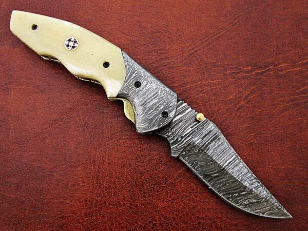 Custom Hand Made Damascus Steel Pocket knife With Eagle Etched on Bone Handle FK 21 1
