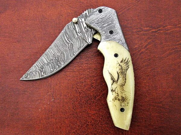 Custom Hand Made Damascus Steel Pocket knife With Eagle Etched on Bone Handle FK 21 10