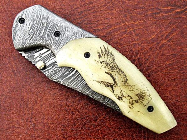 Custom Hand Made Damascus Steel Pocket knife With Eagle Etched on Bone Handle FK 21 3