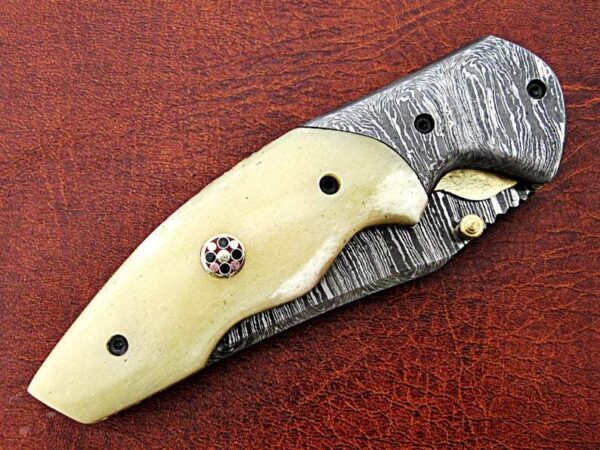 Custom Hand Made Damascus Steel Pocket knife With Eagle Etched on Bone Handle FK 21 4