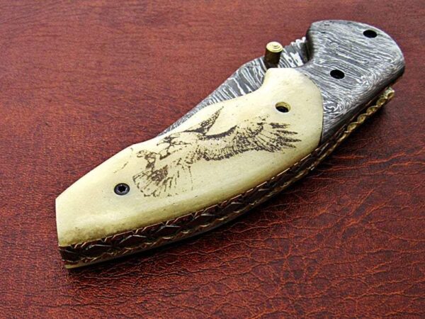 Custom Hand Made Damascus Steel Pocket knife With Eagle Etched on Bone Handle FK 21 5