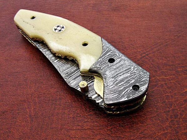 Custom Hand Made Damascus Steel Pocket knife With Eagle Etched on Bone Handle FK 21 6