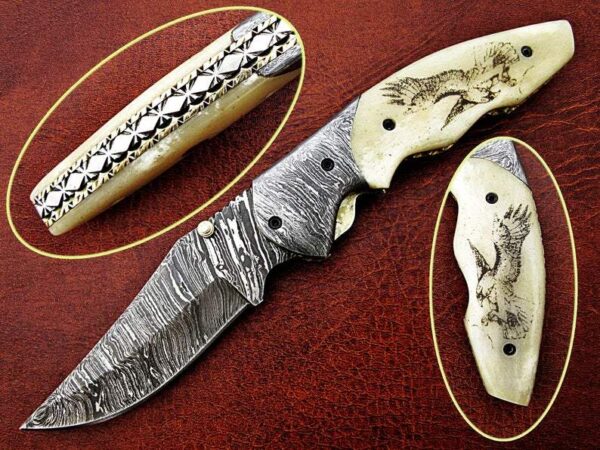 Custom Hand Made Damascus Steel Pocket knife With Eagle Etched on Bone Handle FK 21 7
