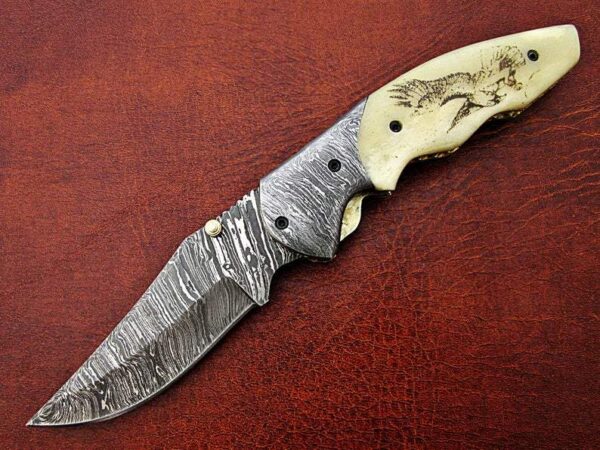 Custom Hand Made Damascus Steel Pocket knife With Eagle Etched on Bone Handle FK 21 8
