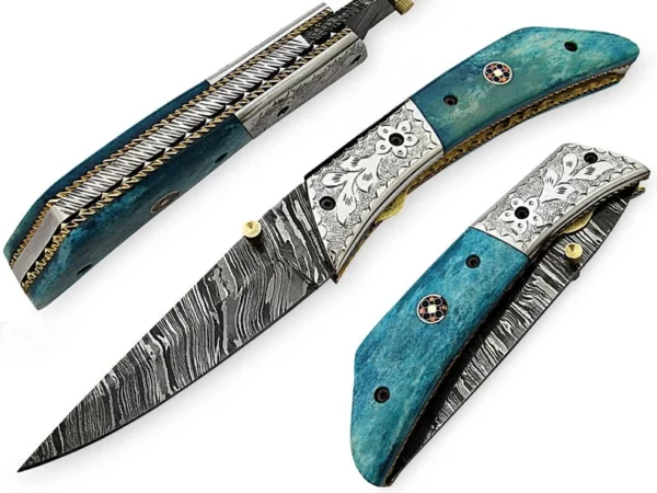 Custom Handle Made Damascus Steel Hunting pocket Knife With Colored Wood Engraved Bolster Handle FK 17 1