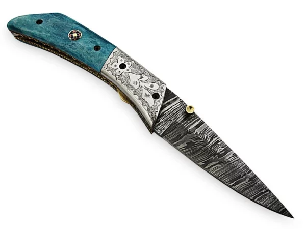 Custom Handle Made Damascus Steel Hunting pocket Knife With Colored Wood Engraved Bolster Handle FK 17 2