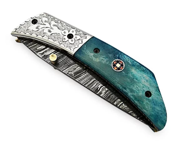 Custom Handle Made Damascus Steel Hunting pocket Knife With Colored Wood Engraved Bolster Handle FK 17 5