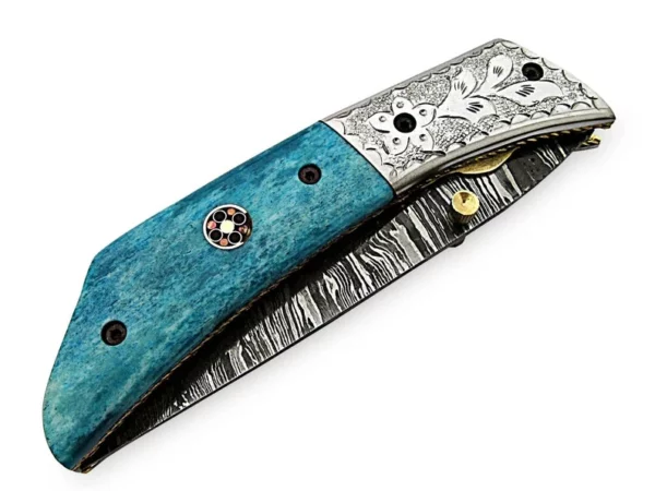 Custom Handle Made Damascus Steel Hunting pocket Knife With Colored Wood Engraved Bolster Handle FK 17 6