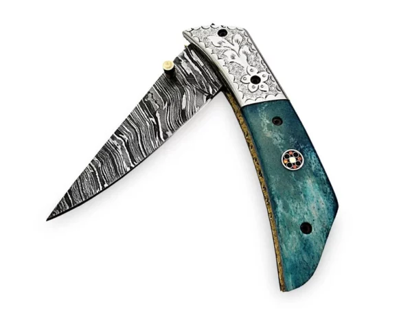 Custom Handle Made Damascus Steel Hunting pocket Knife With Colored Wood Engraved Bolster Handle FK 17 7