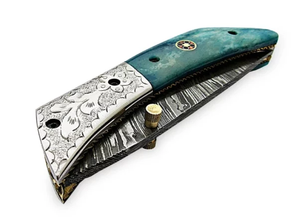 Custom Handle Made Damascus Steel Hunting pocket Knife With Colored Wood Engraved Bolster Handle FK 17 9