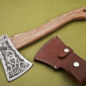 Custom Handmade D2 Steel Etched Axe Head with Olive Wood Handle AX 28 1