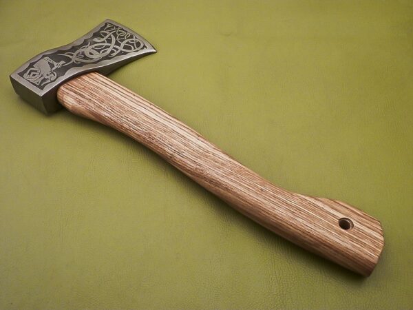 Custom Handmade D2 Steel Etched Axe Head with Olive Wood Handle AX 28 3