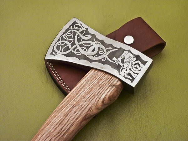 Custom Handmade D2 Steel Etched Axe Head with Olive Wood Handle AX 28 6