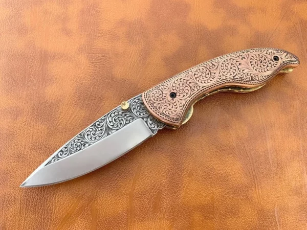 Custom Handmade D2 Steel Hunting Pocket knife With Brass Engraving Handle Fk 55 1