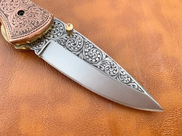 Custom Handmade D2 Steel Hunting Pocket knife With Brass Engraving Handle Fk 55 3