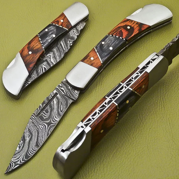 Custom Handmade Damascus Folding Knife with Beautiful Color Wood Handle FK 4 1