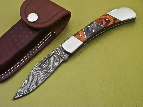 Custom Handmade Damascus Folding Knife with Beautiful Color Wood Handle FK 4 2