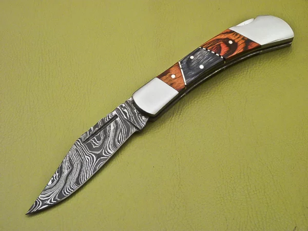 Custom Handmade Damascus Folding Knife with Beautiful Color Wood Handle FK 4 3