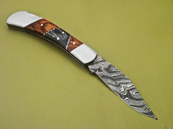Custom Handmade Damascus Folding Knife with Beautiful Color Wood Handle FK 4 4