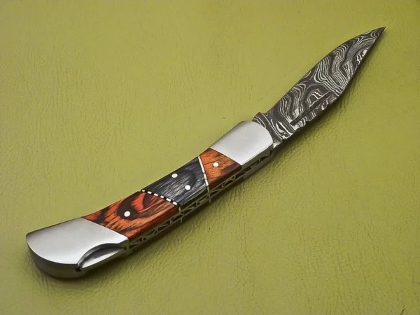 Custom Handmade Damascus Folding Knife with Beautiful Color Wood Handle FK 4 6