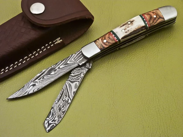 Custom Handmade Damascus Folding Knife with Wood Stag Handle Fk 28 1