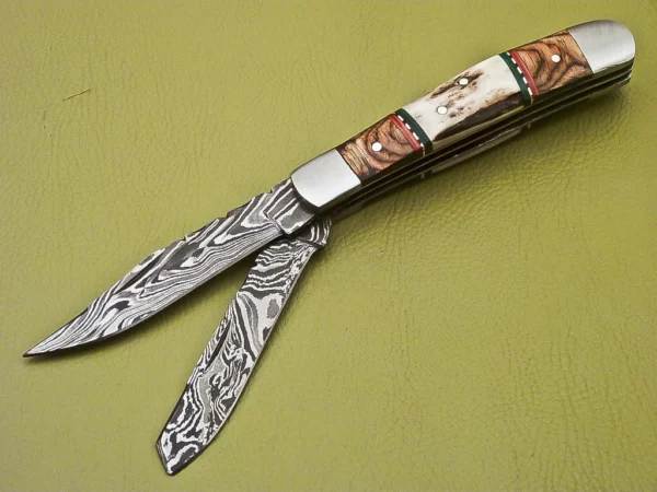 Custom Handmade Damascus Folding Knife with Wood Stag Handle Fk 28 2