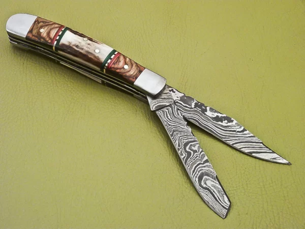 Custom Handmade Damascus Folding Knife with Wood Stag Handle Fk 28 3