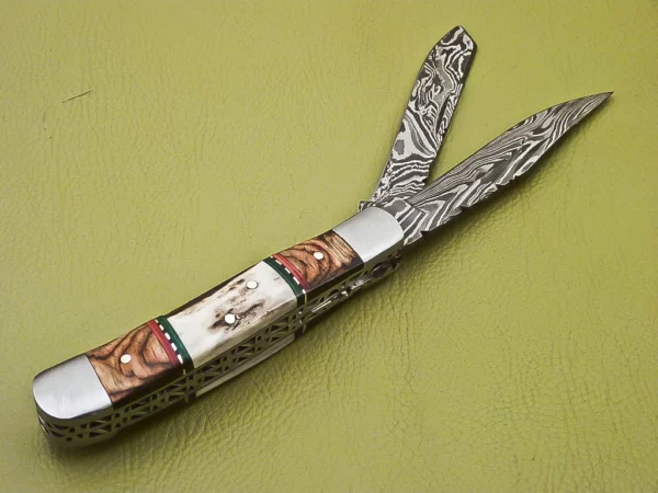Custom Handmade Damascus Folding Knife with Wood Stag Handle Fk 28 4