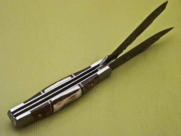 Custom Handmade Damascus Folding Knife with Wood Stag Handle Fk 28 5