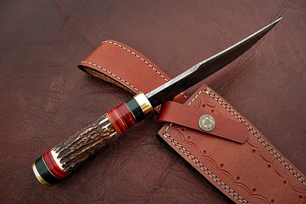 Custom Handmade Damascus Steel Amazing Bowie Knife with Beautiful Stag Horn Colored Wood Handle BK 12 5