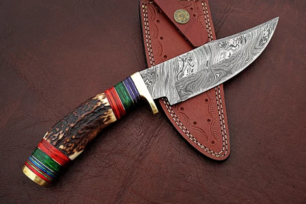 Custom Handmade Damascus Steel Amazing Bowie Knife with Beautiful Stag Horn Colored Wood Handle BK 13 1