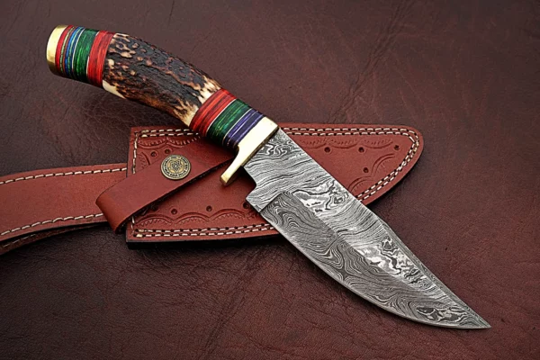 Custom Handmade Damascus Steel Amazing Bowie Knife with Beautiful Stag Horn Colored Wood Handle BK 13 3