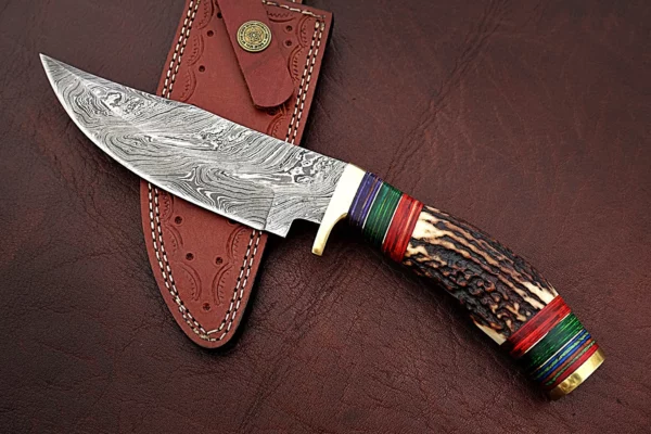 Custom Handmade Damascus Steel Amazing Bowie Knife with Beautiful Stag Horn Colored Wood Handle BK 13 4