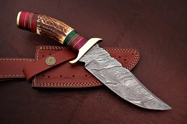 Custom Handmade Damascus Steel Amazing Bowie Knife with Beautiful Stag Horn Colored Wood Handle BK 9 3