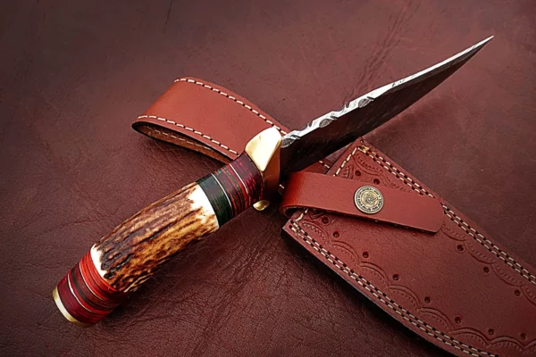 Custom Handmade Damascus Steel Amazing Bowie Knife with Beautiful Stag Horn Colored Wood Handle BK 9 4